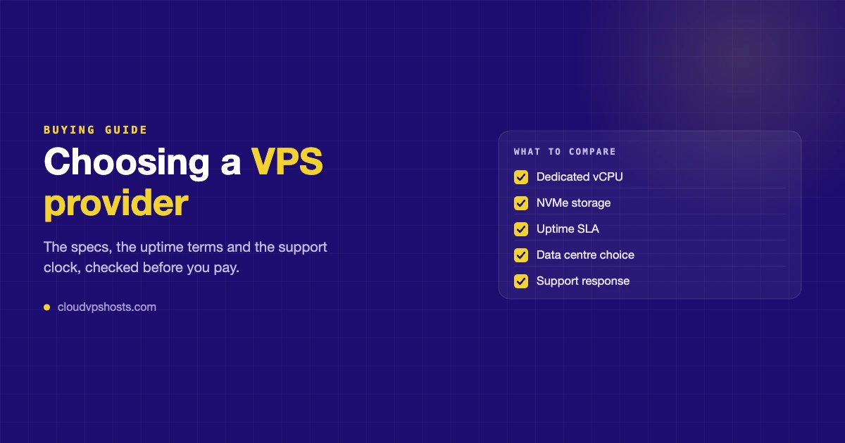 Checklist card of five criteria to compare when choosing a VPS hosting provider