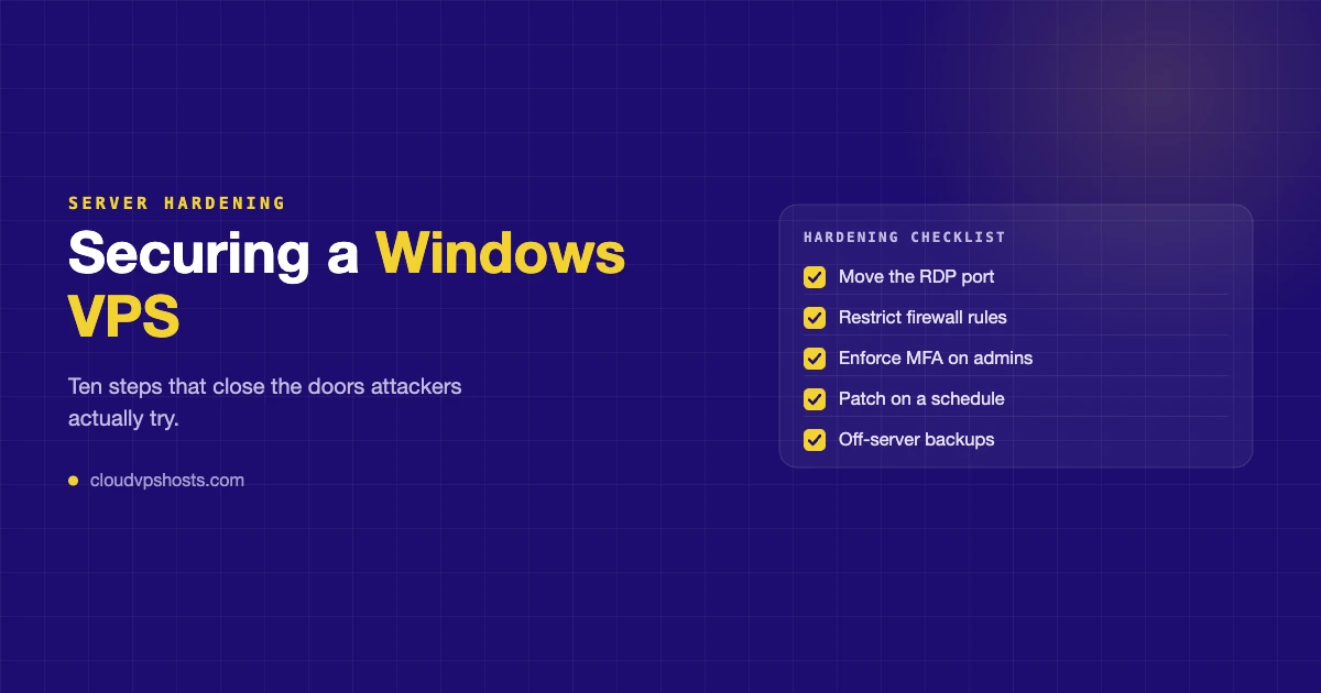 Hardening checklist card listing five steps to secure a Windows VPS