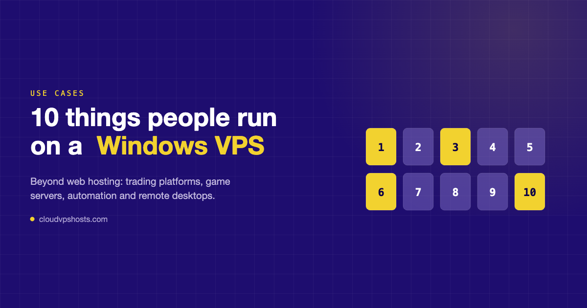 Grid of ten tiles representing common Windows VPS use cases